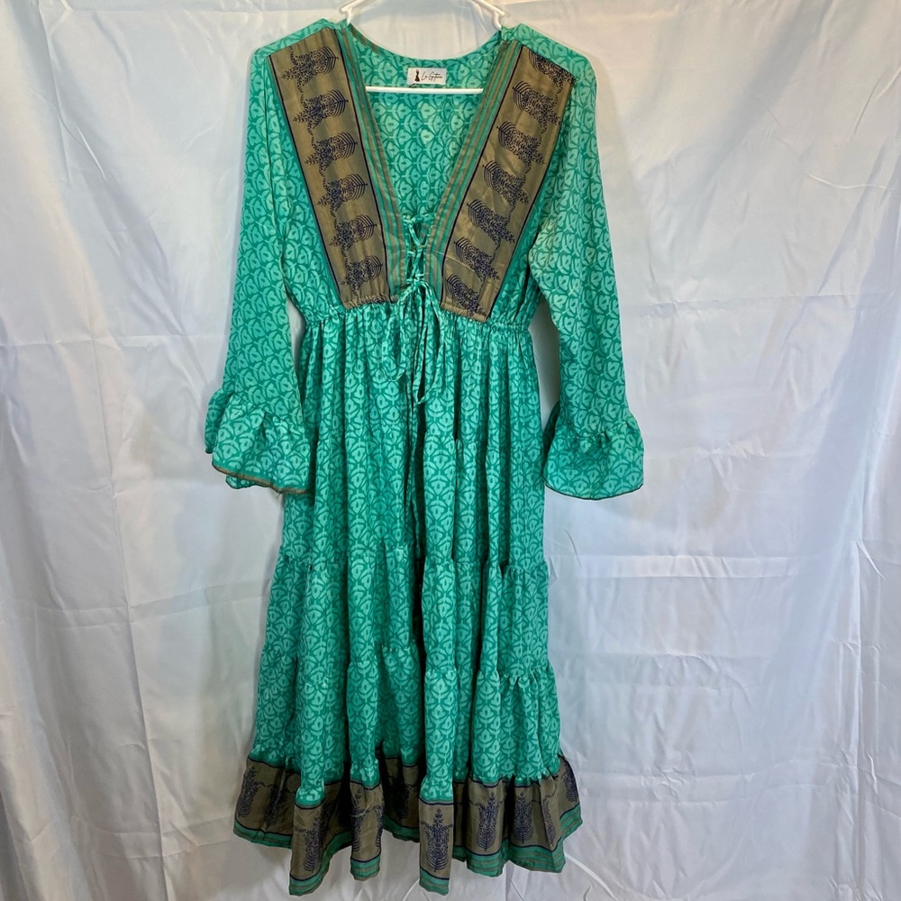 La Gitara Boho Bohemian Casual Style Flowy Dress, Green Gray Size Large Unlined